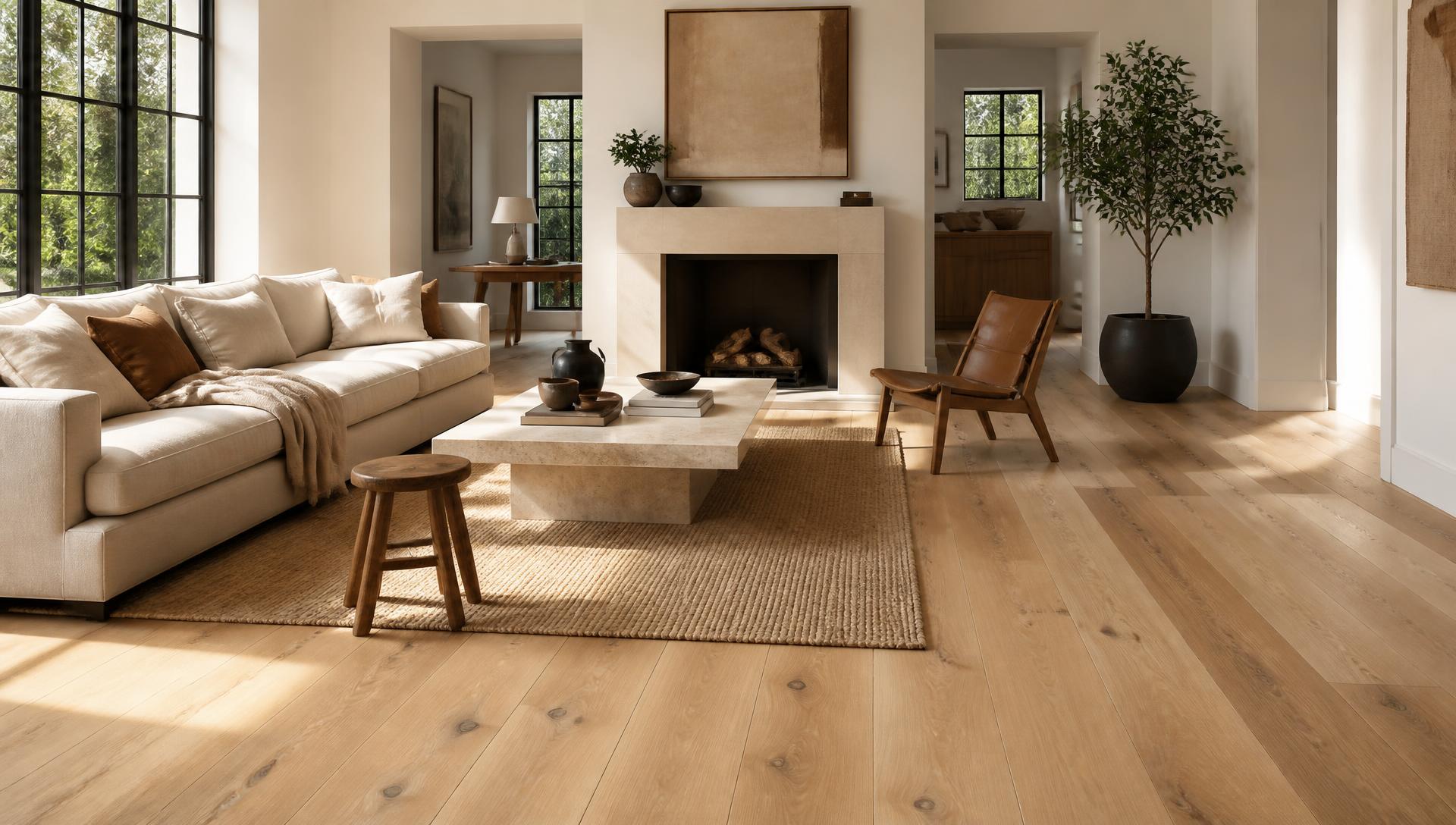 Wide plank oak flooring in a bright living room