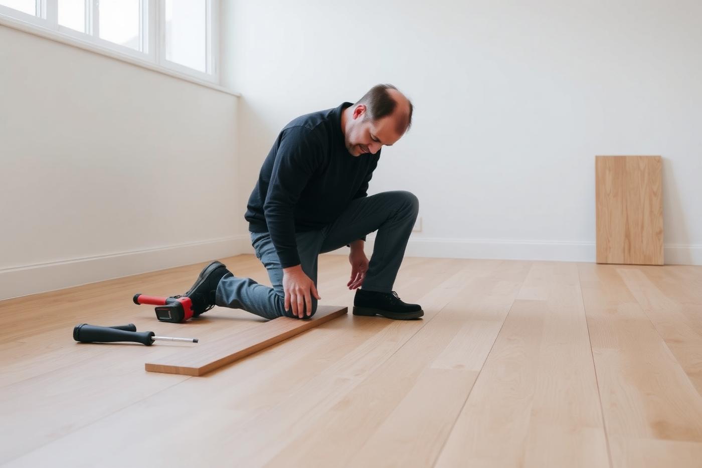 Installer fitting an engineered oak board
